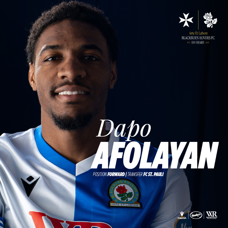 Rovers's tweet photo. ✍️ We are delighted to announce the signing of Oladapo Afolayan on a permanent deal from St. Pauli for an undisclosed fee.

The 28-year-old attacker joins on a deal through to June 2027.

Welcome, Dapo! 👋

#Rovers 🔵⚪️