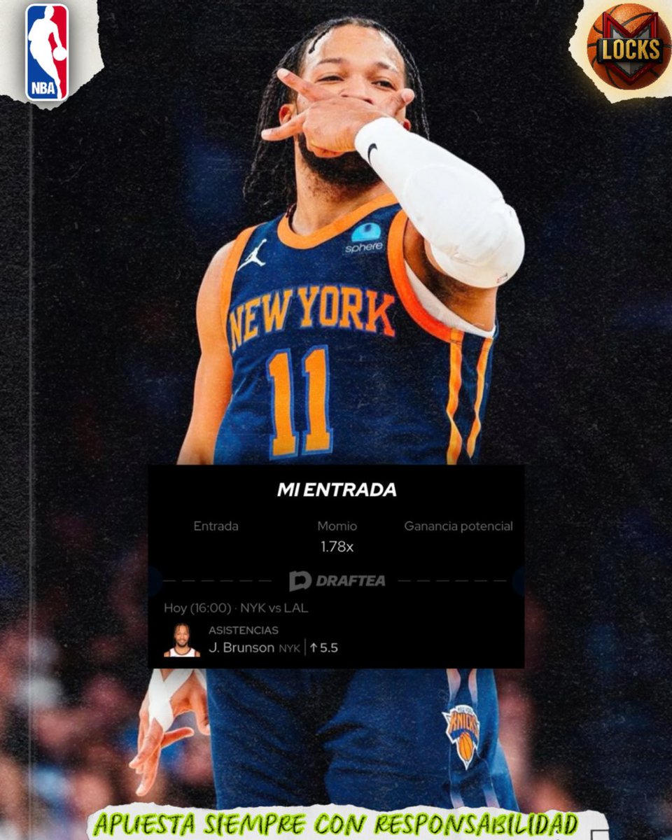 LOCK NBA 🏀
J. Brunson Más de 5.5 Asistencias 🧪
LAL vs NYN | 1.78x

Disponible en <a href="/Draftea_Mexico/">Draftea México</a> #nba