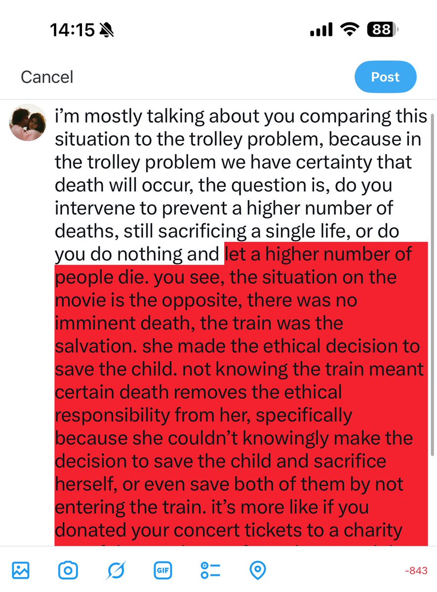 wolfstartulips's tweet photo. @StrawberryPudns i’m mostly talking about you comparing this situation to the trolley problem, because in the trolley problem we have certainty that death will occur, the question is, do you intervene to prevent a higher number of deaths, still sacrificing a single life, or do you do nothing and https://t.co/bdslBCPFvp