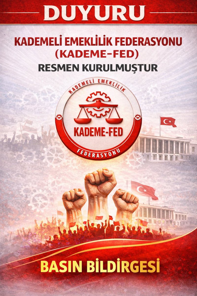 CokunAtr1907's tweet photo. KADEMELİ EMEKLİLİK FEDERASYONU (KADEME-FED)
KURULUŞ BİLDİRGESİ

Kademeli emeklilik mücadelesinin
en güçlü, en kararlı ve en etkili adımı atılmıştır.

Milyonlarca emekçinin yaşadığı emeklilik adaletsizliğine karşı;
alanında örgütlü, sahada karşılığı olan, mücadelenin önde gelen dernekleri güç birliği yaparak
Kademeli Emeklilik Federasyonu (KADEME-FED) çatısı altında birleşmiştir.

KADEME-FED;
📌 8 Eylül 1999 sonrası sigortalı olup EYT düzenlemesiyle arasında 17–20 yıla varan emeklilik farkı oluşan kesimin,
📌 Aynı prim, aynı çalışma süresiyle farklı muameleye maruz bırakılan emekçilerin,
📌 Sosyal güvenlik sisteminde bozulan adalet dengesinin

kurumsal, güçlü ve muhatap alınan sesi olmak üzere kurulmuştur.

Bu mücadele;
çok kişiyle değil,
yüksek sesle değil,
doğru talep, doğru model ve güçlü kurumsal yapı ile kazanılır.

KADEME-FED;
▪️ Kademeli emeklilik talebini net ve somut bir modelle savunur,
▪️ TBMM’de tüm siyasi partilerin muhatabıdır,
▪️ Kamuoyunu, basını ve karar vericileri düzenli olarak bilgilendirir,
▪️ Kişisel çıkarlara, temsil yetkisi olmayan yapılara ve günübirlik popülizme karşıdır.

Bugün itibarıyla KADEME-FED,
kademeli emeklilik mücadelesinde tek ses, güçlü çatı ve ortak irade olarak
çalışmalarına resmen başlamıştır.

Bu yol geri dönüşsüzdür.
Bu mücadele ertelenemez.
Kademeli emeklilik bir lütuf değil, haktır.

@sedakbay @ErcanSeki
@tgrthabertv @ecesevimtr
@merveyildirimtv @haciykk
@nowhaber @nefesgazete
@byurtdagulen @Bilgen1973
@halktvcomtr @tarkankalelitv
@ceyliincagatay @KRTCANLI
@szctelevizyonu @yldrmbrcn
@tunaoztunc @sevilayyaziyor @Guncelhaber360
@tgrthabertv @selcukktepeli 
@OyaCebi @fatihportakal 
@tv100 @KucukkayaIsmail
@akdemircigdem @AVBakirlioglu 
@tvmeltem @ntv @EnKocaeli 
@ekremacikel @iz_kocaeli 
@eceuner12 @tvnet 
@merveyildirimtv
@gkayis @cnnturk 
@tele2haber @ozgurkocaeli 
@selverglobal @Guncelhaber360 
@HaberGlobal @gundem7x24 
@cemkucuk55 @nimetozdemir34 
@gozdeseker @OzlemGurses
@ozngndgdu @ozgurkocaeli 
@KademeFed 
#KademeAdalettir