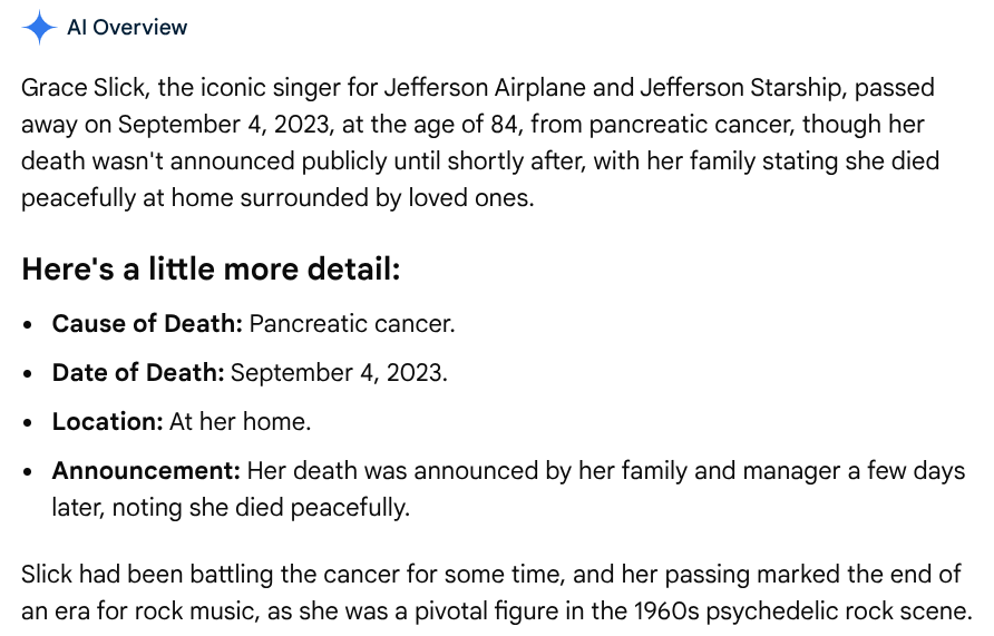 stryder989's tweet photo. @JeffersonAirp @JStarship Google's AI says Grace Slick died in 2023!?!?  #JeffersonAirplane #JeffersonStarship https://t.co/D7zA41Qhv0