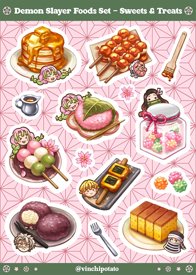 Finally finished my first set of Demon Slayer food stickers! 

Which is your favourite? I love dango and mochi the most. 🍡

Physical product coming soon~

#鬼滅の刃