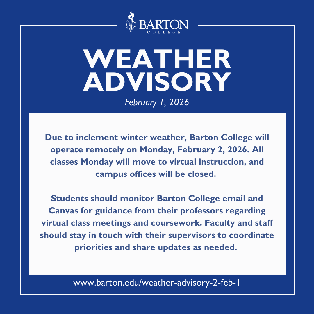 bartoncollege's tweet photo. Due to inclement winter weather, Barton College will operate remotely on Monday, February 2, 2026. All classes Monday will move to virtual instruction, and campus offices will be closed.

Learn more: https://t.co/UrZWtOcXXT https://t.co/gmLgkJsq38