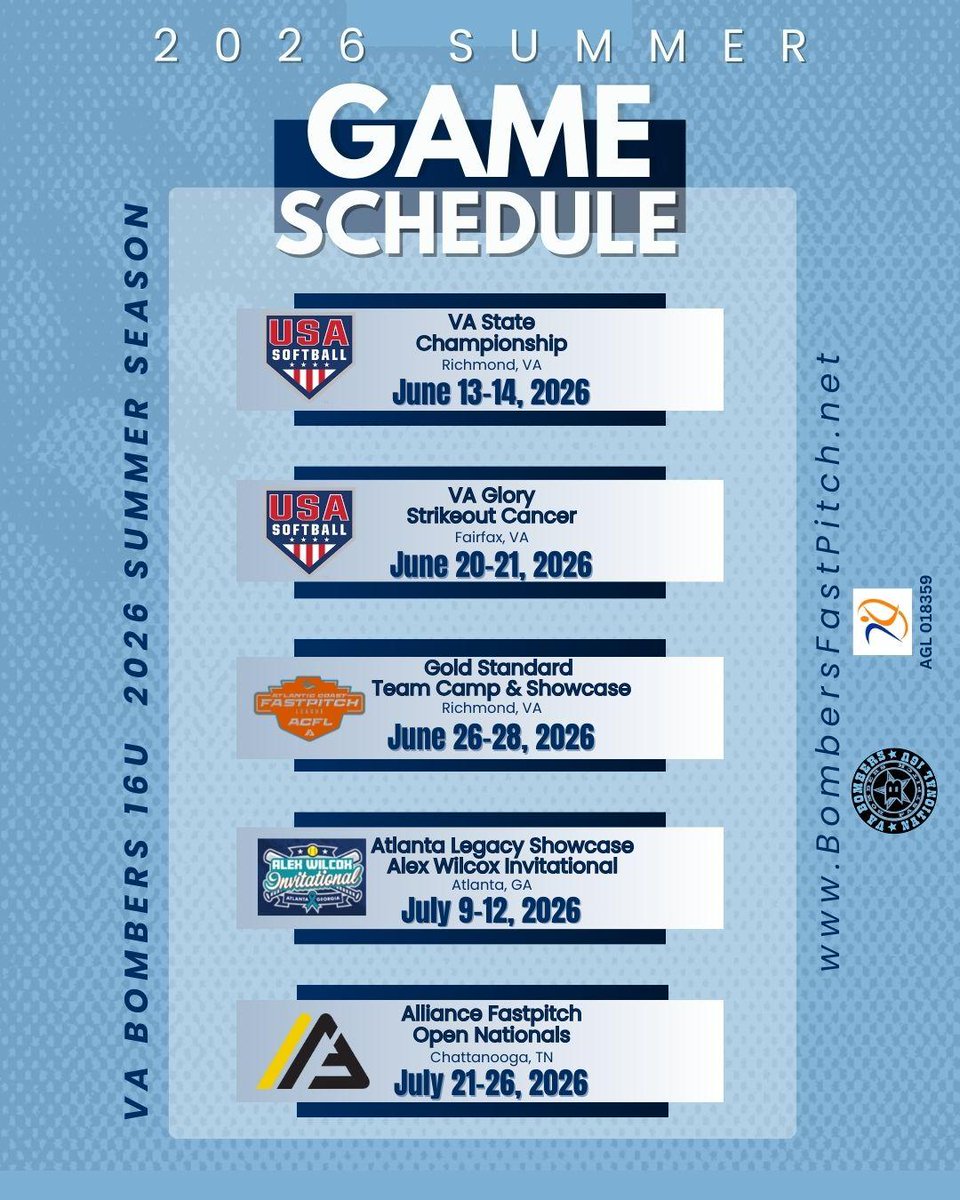 The <a href="/VABombersNat/">VA Bombers National Fastpitch</a> summer schedule is out.  Can't wait to get on the field with <a href="/Cora050505/">Cora Smith 2028</a> <a href="/MergenAva00/">Ava mergen 2028</a> <a href="/LivGrant_2027/">Olivia Grant</a> @lucylively_10 @mayasky2028 @peytongilliam09 <a href="/EllaConyers28/">Ella Conyers</a>  Let's go!
#softball #softballlife #hitting #fielding #uncommitted2027 #team #hardwork #determination