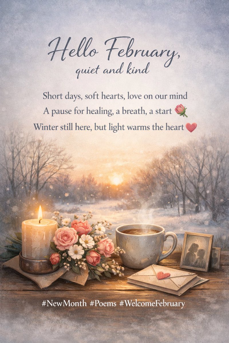 lelasaz's tweet photo. Hello February, quiet and kind
Short days, soft hearts, love on our mind
A pause for healing, a breath, a start 💐
Winter still here, but light warms the heart 💞
#NewMonth #Poems #WelcomeFebruary https://t.co/SzOY3eCA7O