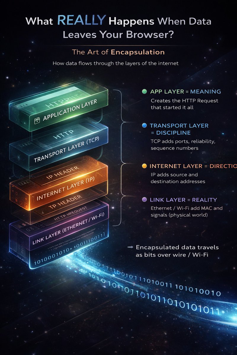 SumitSahoo78's tweet photo. What really happens when data leaves your browser? 

Not magic.
Not “the internet”.

Just layers doing one job each:

Meaning → Discipline → Direction → Reality

HTTP → TCP → IP → Ethernet
Wrapped. Sent. Unwrapped. Perfectly engineered.

Encapsulation is why the web works. https://t.co/uardctkIUR