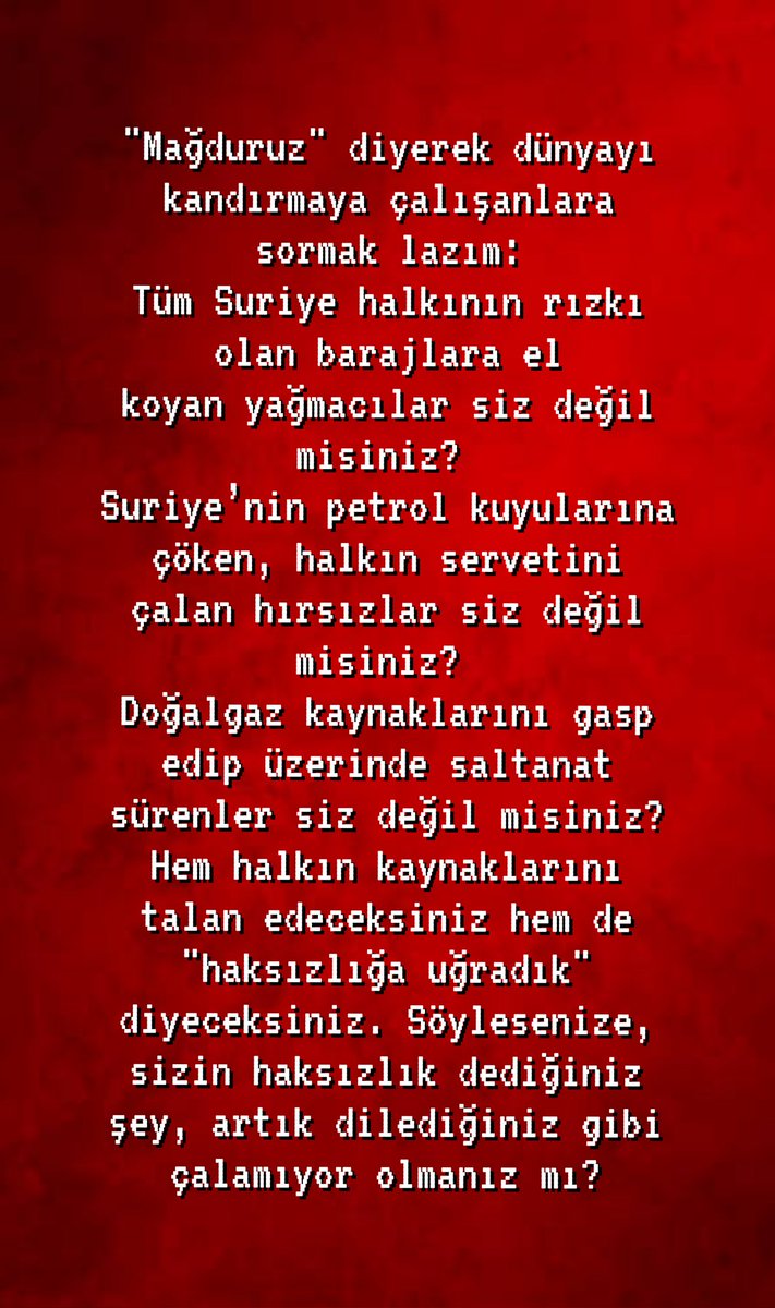 Hem halkın kaynaklarını talan edeceksiniz hem de "haksızlığa uğradık" diyeceksiniz. Söylesenize, sizin haksızlık dediğiniz şey, artık dilediğiniz gibi çalamıyor olmanız mı? 
<a href="/RTErdogan/">Recep Tayyip Erdoğan</a>
<a href="/dbdevletbahceli/">Devlet Bahçeli</a> <a href="/buyukataman/">İsmet Büyükataman</a> <a href="/UlviYonter/">Dr.İzzet Ulvi YÖNTER</a>