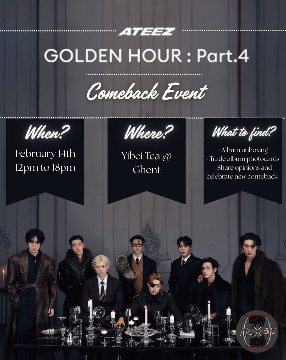 ATEEZBenelux's tweet photo. 🏴‍☠️ Golden Hour Part 4 Comeback Event 🏴‍☠️

Come celebrate ATEEZ's newest comeback with us! 🎉

⏳️ When? Sat. February 14th from 12:00 -> 18:00
⏳️ Where? At yibeitea in Ghent
⏳️ What to find?
- Unboxing your new albums with us.

+

#ATEEZ #에이티즈 #GOLDENHOUR_Part4 https://t.co/99GVv4MNAl