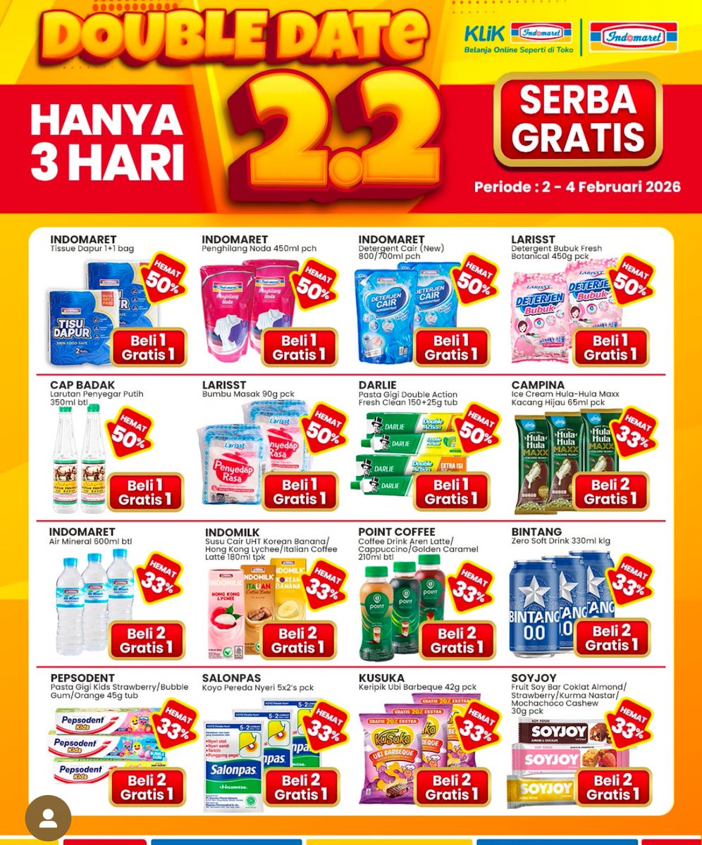 INDOMARET BUY 1 GET 1 Spesial 2.2

🗓️2-4 Februari 2026