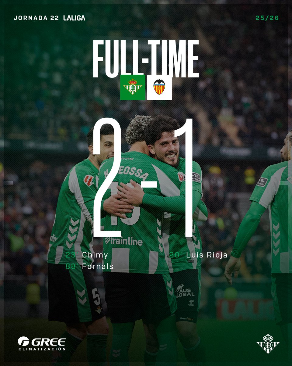 90' (+6) ⏱⚽️ ¡FINAAAAAAAAAAAL! ¡Remontada y victoria en casa!  👊

💚🩶 #RealBetisValencia ⚪⚫

#DíaDeBetis