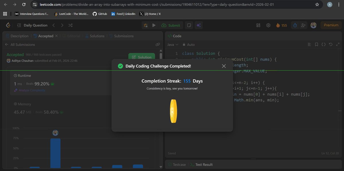 Aditya_Ch_20's tweet photo. Solved today’s LeetCode Daily Challenge!

Used a simple nested loop approach to try all valid split points and calculated the minimum cost efficiently. 
Clean logic + optimal checks = accepted solution

#LeetCode #DSA #Java #ProblemSolving #CodingJourney https://t.co/rds44YNl1d