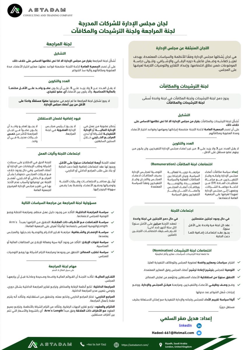 ABEERSAQR's tweet photo. ملخّص يوضح دور لجان مجلس الإدارة، وهما: لجنة المراجعة ولجنة الترشيحات والمكافآت، من حيث تشكيل كل لجنة وآلية اجتماعاتها واختصاصاتها، إضافة إلى أبرز القيود التنظيمية التي تحكم عملها، بأسلوب واضح ومبسط. https://t.co/34Wud5TkGu