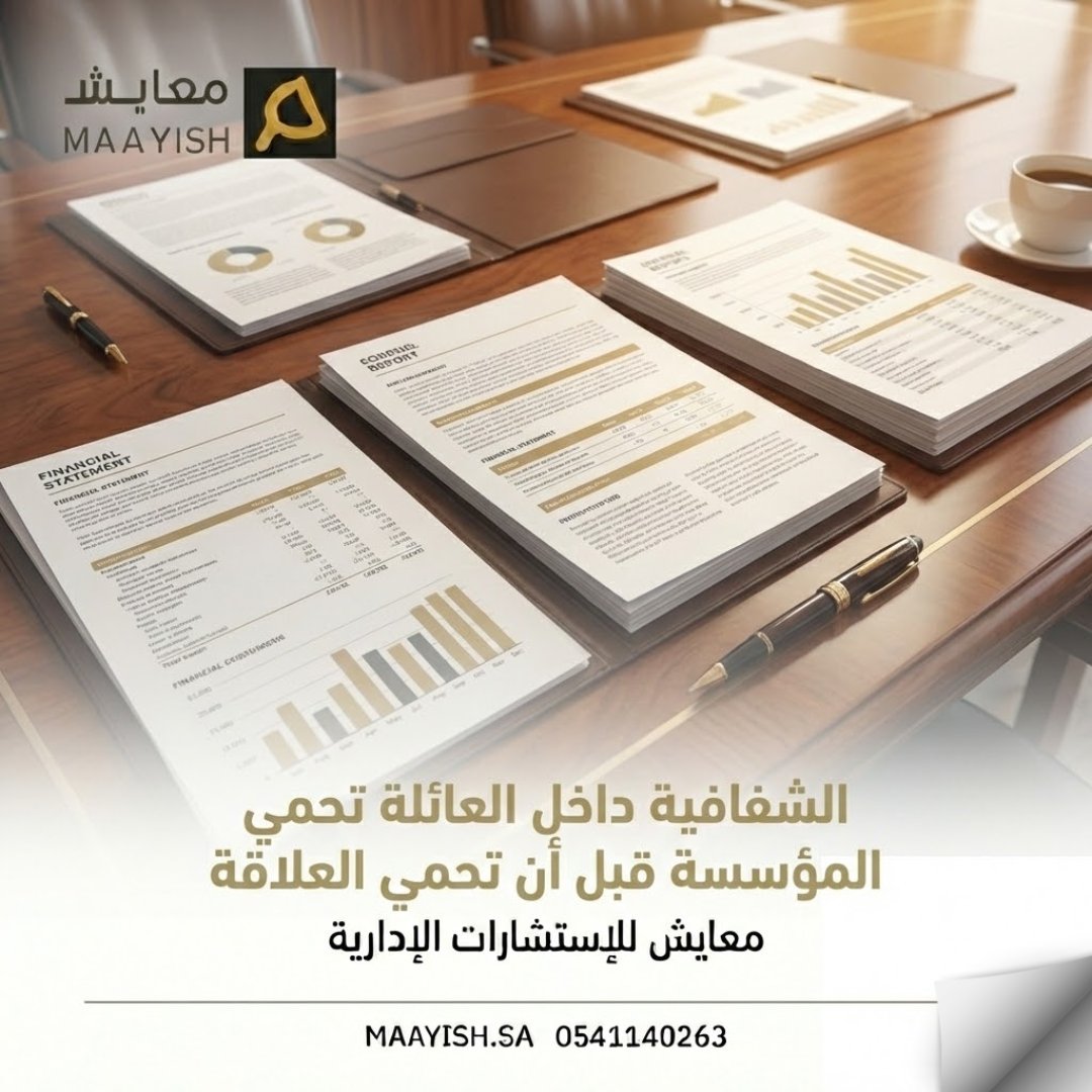 الشفافية داخل العائلة
تحمي المؤسسة قبل العلاقة.
وضوح المعلومات
يمنع الشك وسوء الفهم.

في معايش نعزز الشفافية
بمنهج عملي.
maayish.sa
#الشفافية #الشركات_العائلية #معايش