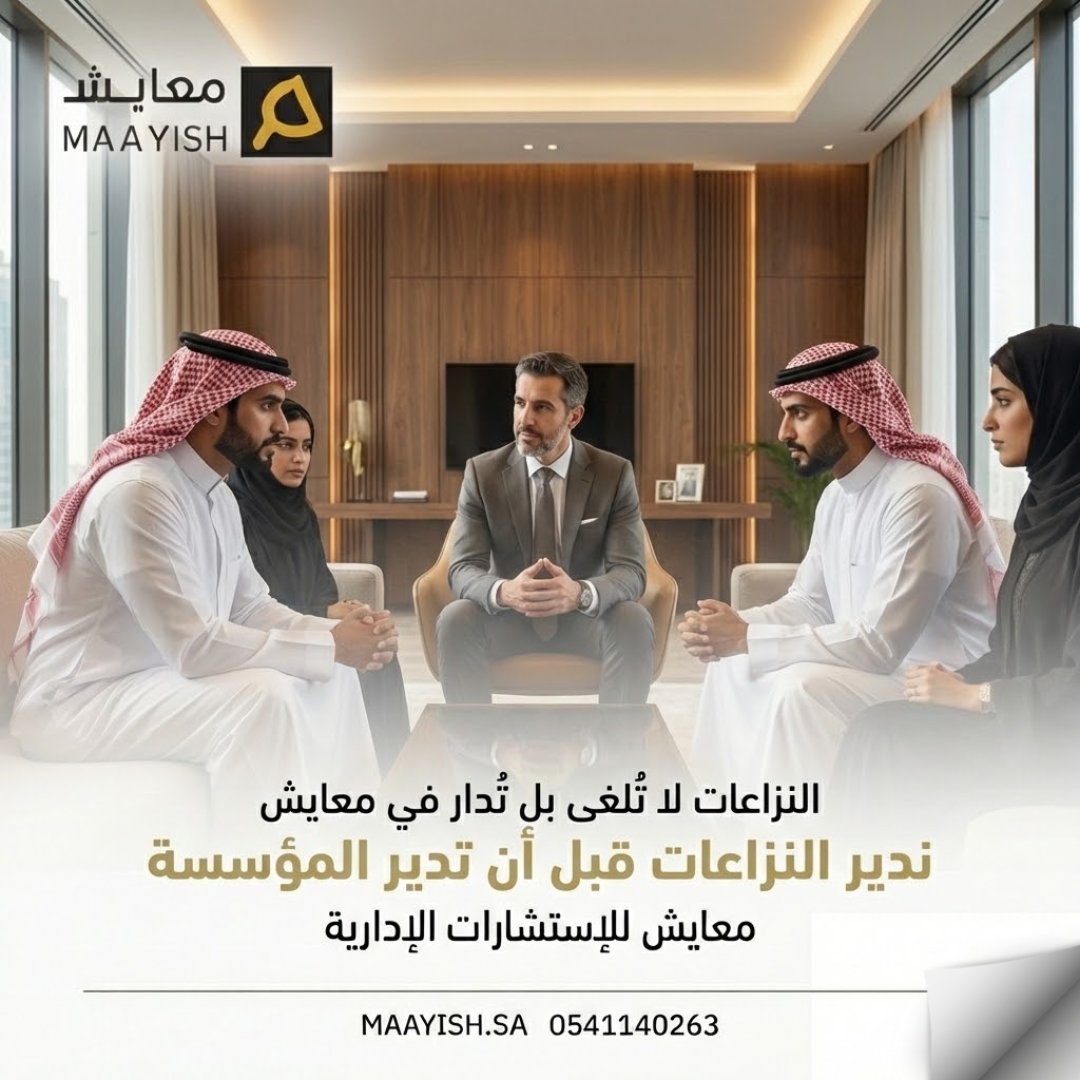النزاعات لا تلغى،
بل تدار.
الإدارة الصحيحة للنزاع
تحمي المؤسسة والعائلة معا.

في معايش ندير النزاعات
قبل أن تدير العمل.
maayish.sa
#إدارة_النزاعات #الشركات_العائلية #معايش