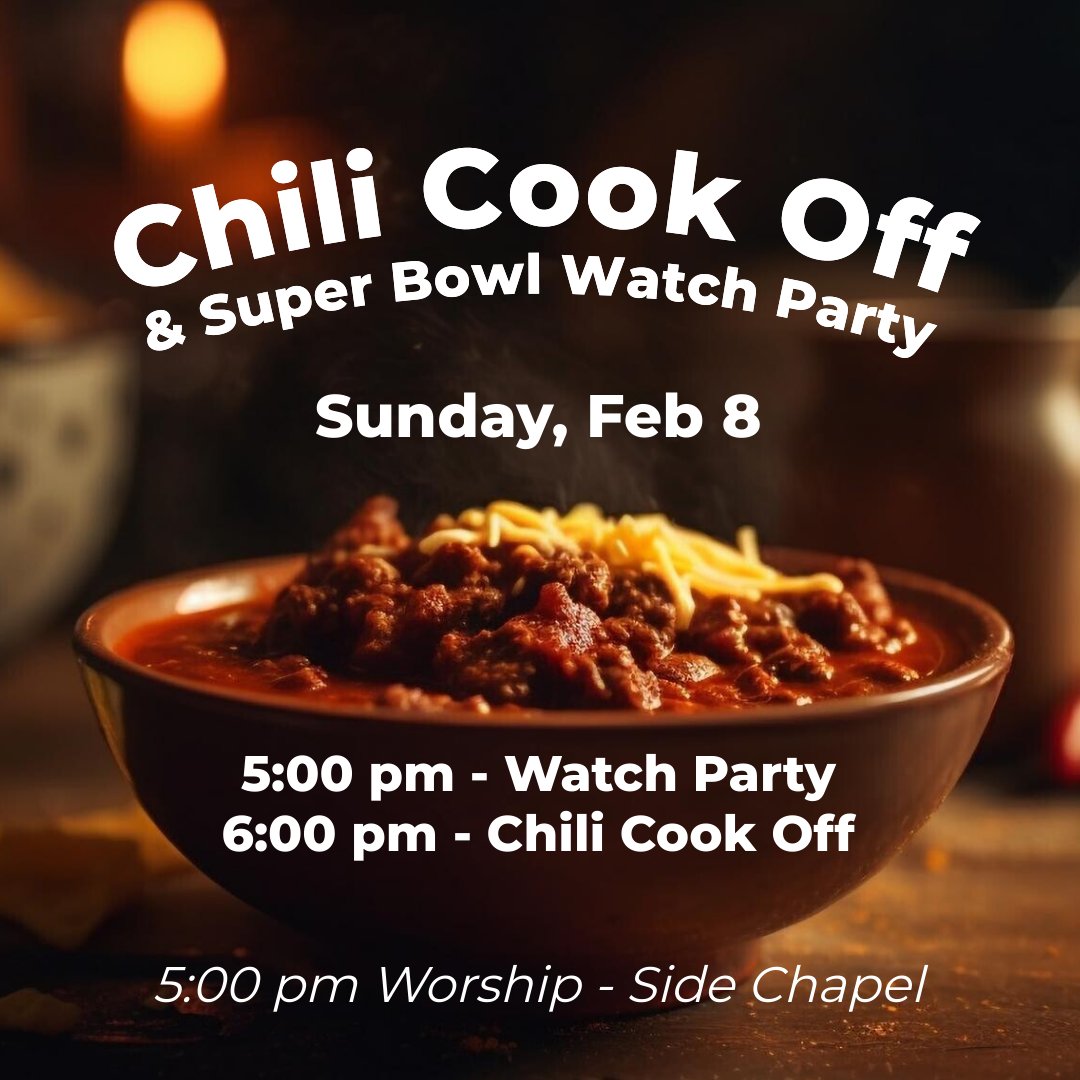 HolySpiritHou's tweet photo. Join us next week for the Chili Cook Off &amp; Super Bowl watch party! Begins at 5 pm in Palmer Parish Hall. Sign up by messaging sspencer@hses.org. 

Evening Worship @ 5 pm will be in the Side Chapel. https://t.co/ZkXkkotnut