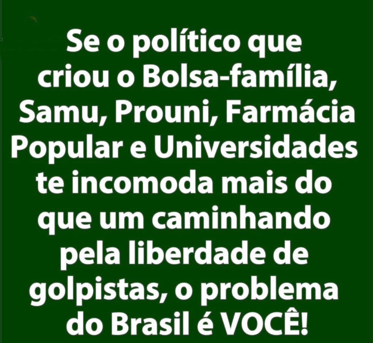Simone Tebet: Se o político que criou Bolsa-Família, Samu, Prouni, Farmácia Popular e Universidades para todos te incomoda mais do que vagabundos caminhando pela liberdade de um golpista, "O problema do Brasil é Você".

Dê sua nota de 0 a 10 para Lula e Simone Tebet ...  👏    👇