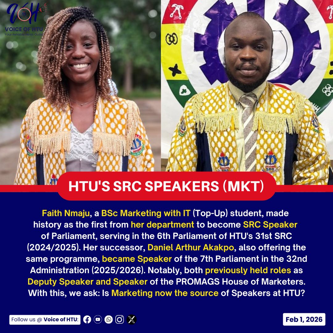 voiceofhtu's tweet photo. HTU'S SRC SPEAKERS FROM MARKETING

Faith Nmaju, a BSc Marketing with IT (Top-Up) student, made history as the first from her department to become SRC Speaker of Parliament. Her successor, Daniel Arthur Akakpo, also offering the same programme, became Speaker of the 7th Parliament https://t.co/uhQQ5QP4RT