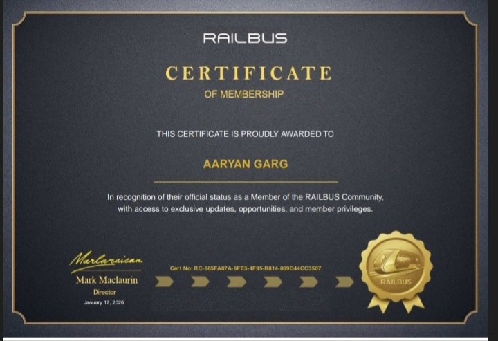 Aaryan1484143's tweet image. Proud to be recognized as an official RAILBUS Community Member 🚆✨
Grateful for the opportunity, learning, and exclusive experiences ahead.
Onward to growth, innovation, and new milestones! 💼
#RAILBUS #RAILBUSCommunity 
#ProfessionalGrowth #NewMilestone 
#LearningJourney