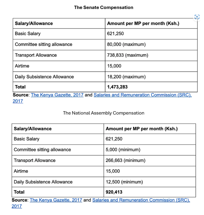 The average Kenyan earns KSH 16,505 a month.  

A senator in Kenya takes home KSH 18,200 A DAY for "subsistence" - meaning food and drinks. 

A DAY!

And, KSH 24,600 A DAY, for "travel".