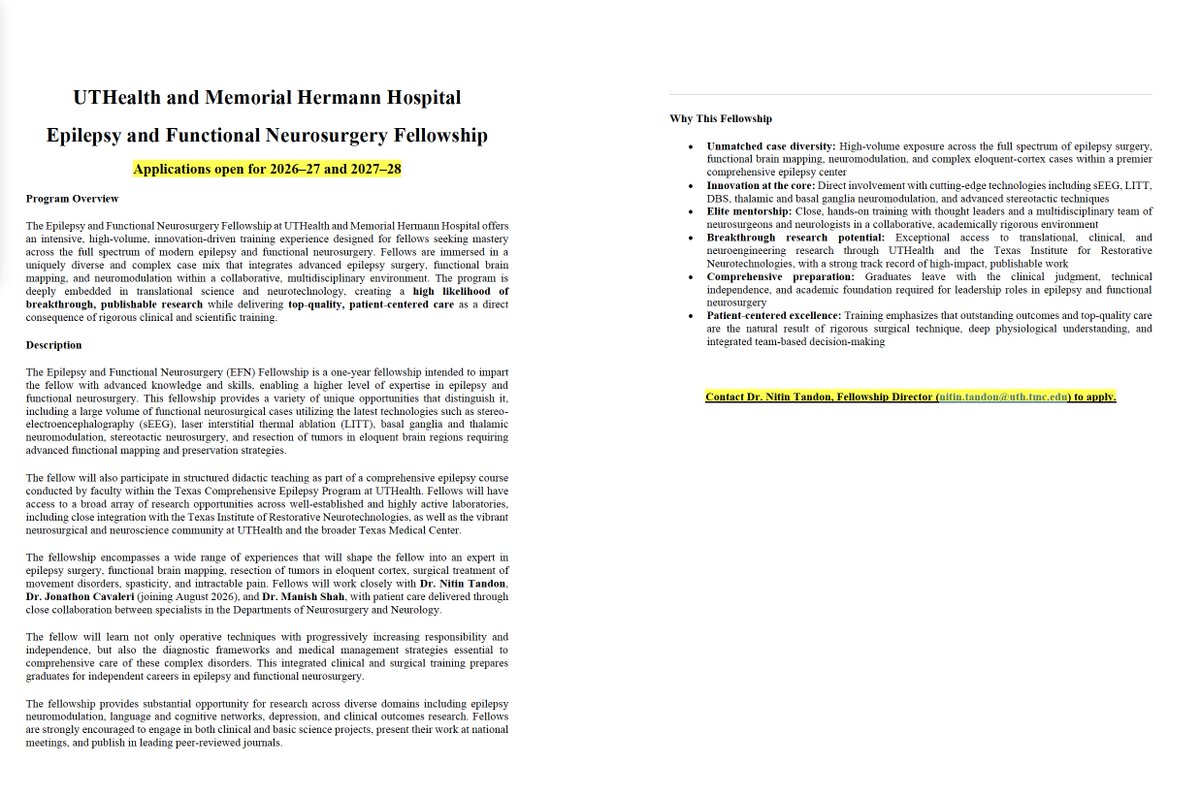 NeurosurgUTH's tweet photo. Epilepsy &amp; Functional Neurosurgery Fellowship at UTHouston—high-volume surgery, cutting-edge neuromodulation, and top-tier research. 

Applications open for 2026–27 &amp; 2027–28. Apply now!
@UTHNeuro @ASSFNeurosurg @CNS_Update @CNSResidents @AANSNeuro https://t.co/ofoQujBCZB