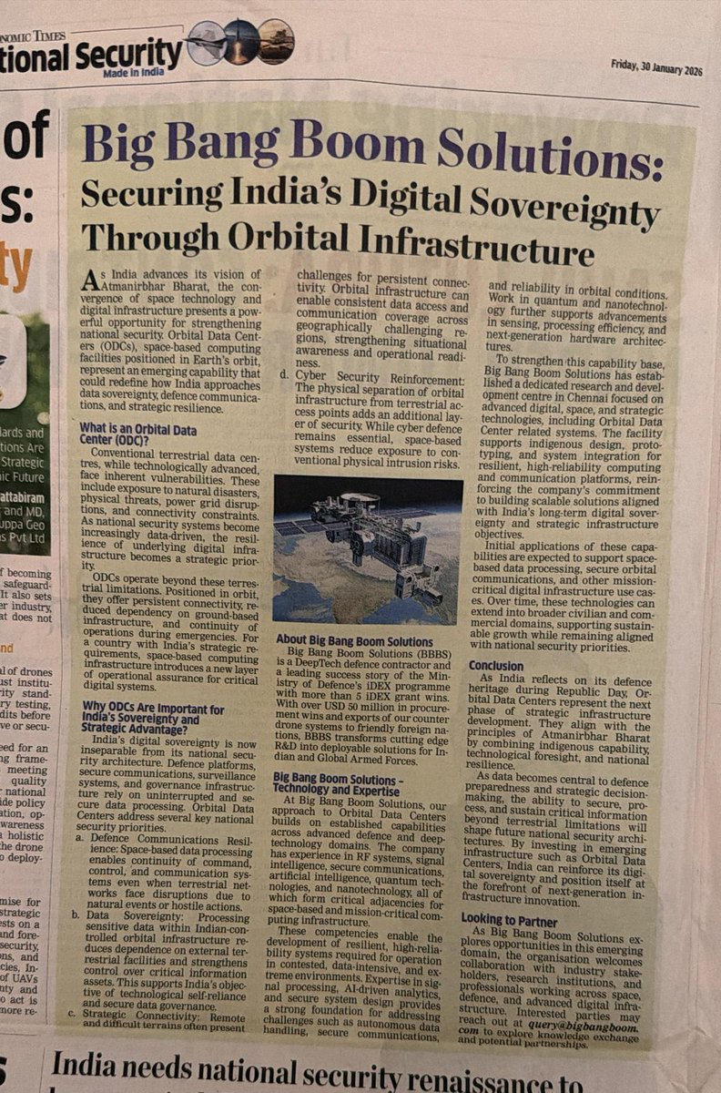 big_private's tweet photo. Our article recently published in The Economic Times, "Powering National Security", highlights the growing importance of Orbital Data Centers (ODCs) and space-based digital infrastructure in strengthening India’s national security and data sovereignty. https://t.co/Ai5Un9TEv0