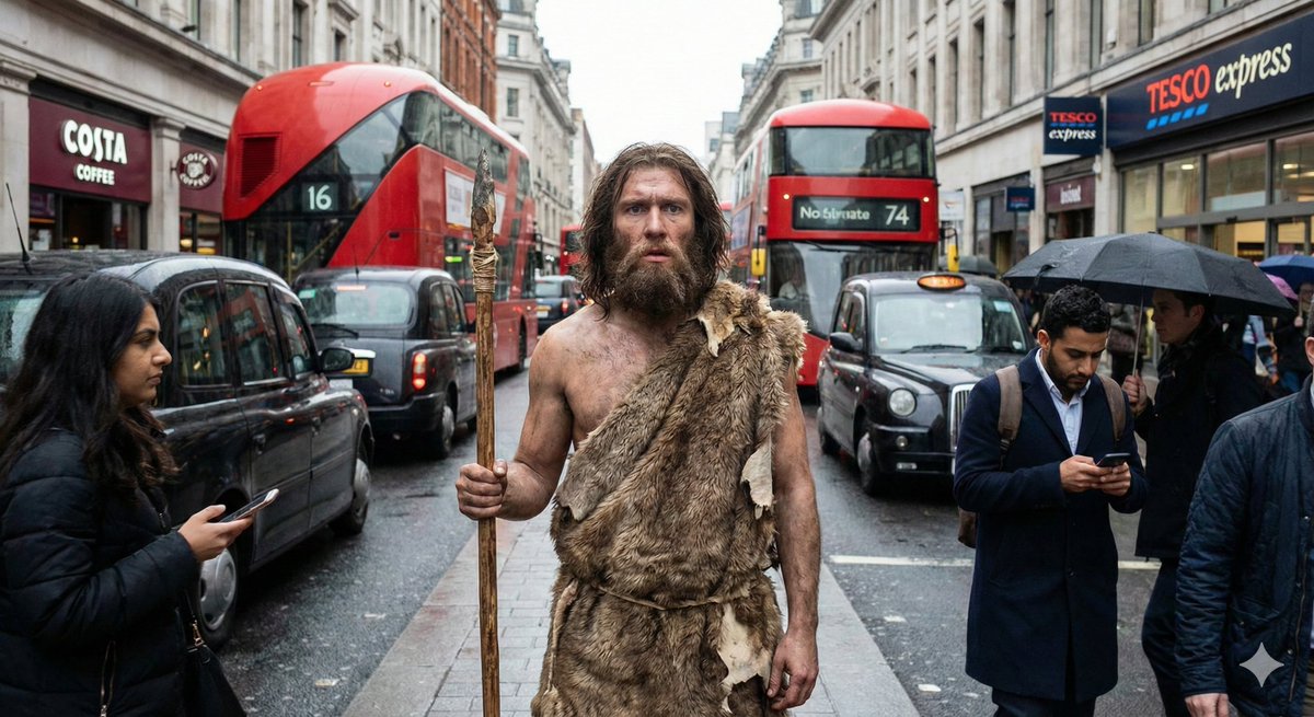Picture this: You grab a homo sapiens from 50,000 BC and drop him in modern London.

Physically? He's identical to you. Same height. Same build. Same brain size. Put him in a suit and nobody would notice on the Tube.

His digestive system works exactly like yours. His stomach