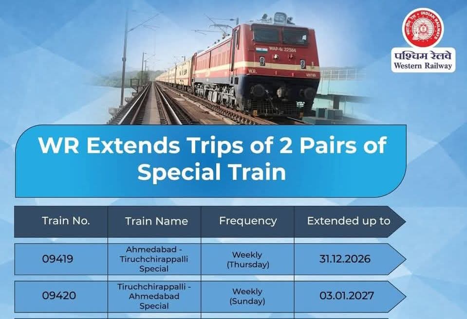 Western Railway extends the periodicity of operation of 09419/09420 Tiruchirappalli-Ahmedabad weekly special express for another one year (up to 31.01.2027).  It can be regularised rather. 
#Trichy #Ahmedabad  
<a href="/WesternRly/">Western Railway</a> <a href="/Gmwrly/">GMWR</a> <a href="/drmadiwr/">DRM Ahmedabad</a> <a href="/GMSRailway/">Southern Railway</a>  @drmtpj <a href="/duraivaikooffl/">Durai Vaiko</a>