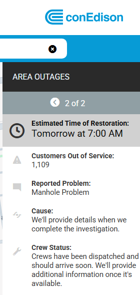 cyclenyc's tweet photo. @ConEdison @CMShahanaHanif @CMShahanaHanif @NYCMayor - @ConEdison said power not to be restored until Monday 02/02/2026 at 7 am - 1,109 customers impacted - https://t.co/pfo2buBUEh https://t.co/d1BvQoYvjU