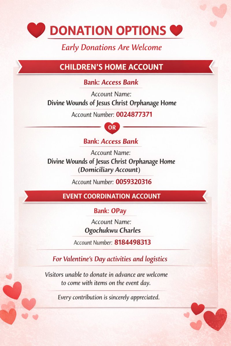 DivineWoundsNG's tweet photo. ❤️ Valentine’s Day Love Drive
📅 14 Feb | ⏰ 12–4 pm
📍 Divine Wounds of Jesus Children’s Home, Kubwa
Donate items or give early support.
Let’s share love and joy this Valentine’s Day ❤️
#ValentinesDay #LoveInAction #Abuja #AbujaTwitterCommunity https://t.co/itIV4Ekz6W