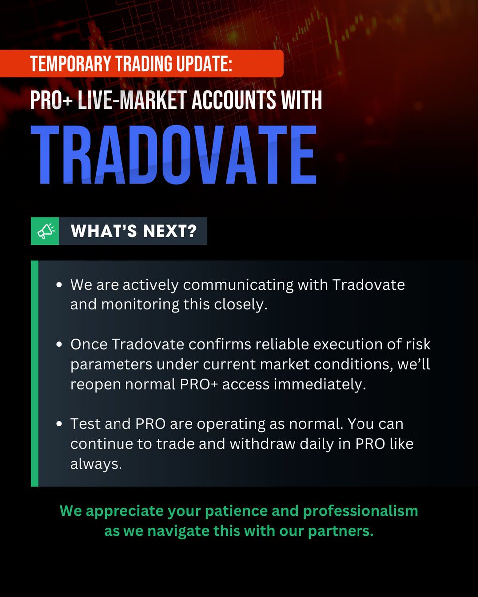 TakeProfitLLC's tweet image. Update regarding PRO+ live-market trading and the temporary adjustment we’re making while we work with Tradovate on a resolution.