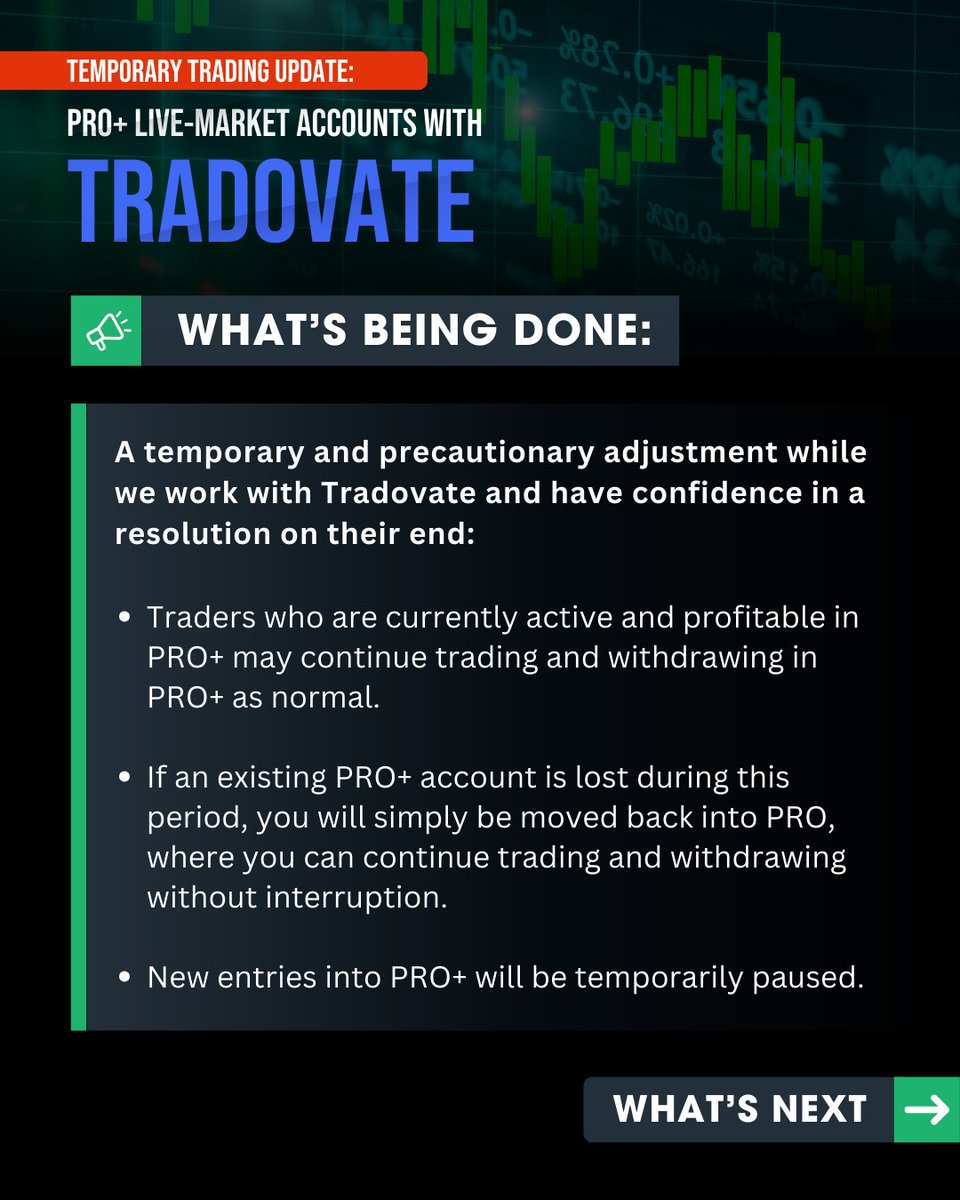 TakeProfitLLC's tweet image. Update regarding PRO+ live-market trading and the temporary adjustment we’re making while we work with Tradovate on a resolution.