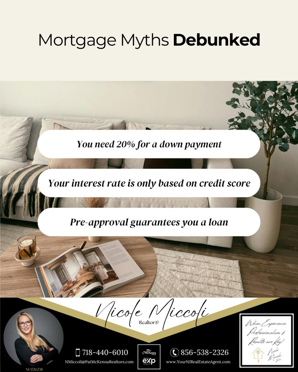 NicoleMiccoli's tweet image. Let’s bust some mortgage myths:
✅ Low down payment options exist
✅ Rates depend on more than credit
✅ Pre-approval isn’t final

Knowledge = power when buying a home! 

#mortgagetruths #homeownership #financialsavvy #homebuying #RealEstate #Realtor #RealEstateAgent