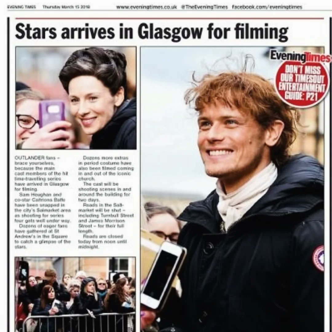 point_blank1959's tweet photo. Evening Times Mar 2016 publicising the Outlander protagonists filming in Glasgow. #SamHeughan #CaitrionaBalfe #Outlander #EveningTimes https://t.co/bsZ7U6zMIi