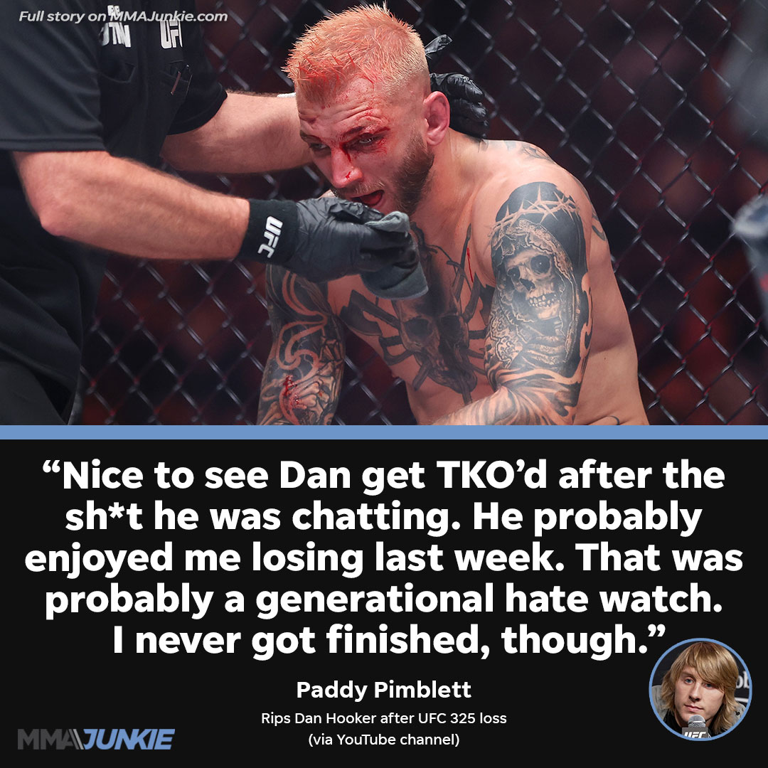 MMAJunkie's tweet photo. Paddy Pimblett enjoyed watching Dan Hooker's bloody loss to Benoit Saint Denis. #UFC325 https://t.co/VN1ZvKBtJ8