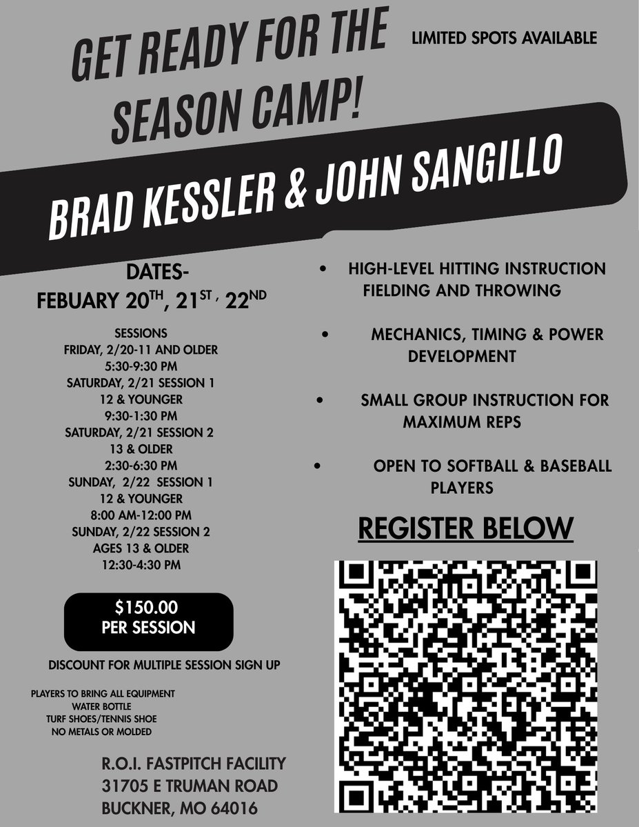 ROIFASTPITCH's tweet image. Spots are filling! Each session consists 2 hrs. of hitting and 2hrs of fielding and throwing. ⏳ Limited availability — register now! @SangilloJohn