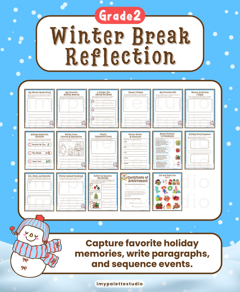 imypalettex's tweet photo. 🎄Support Grade 2 students’ creative expression with winter reflection worksheets encouraging paragraphs and sequencing skills!✏️

GET IT NOW ON TPT
🔗 https://t.co/lWjrmBu4DD

#TPT #imypalettestudio #ParentingMindset #WorksheetsForKids #WinterWorkbook #SecondGradeLearning https://t.co/LPccwE4cES