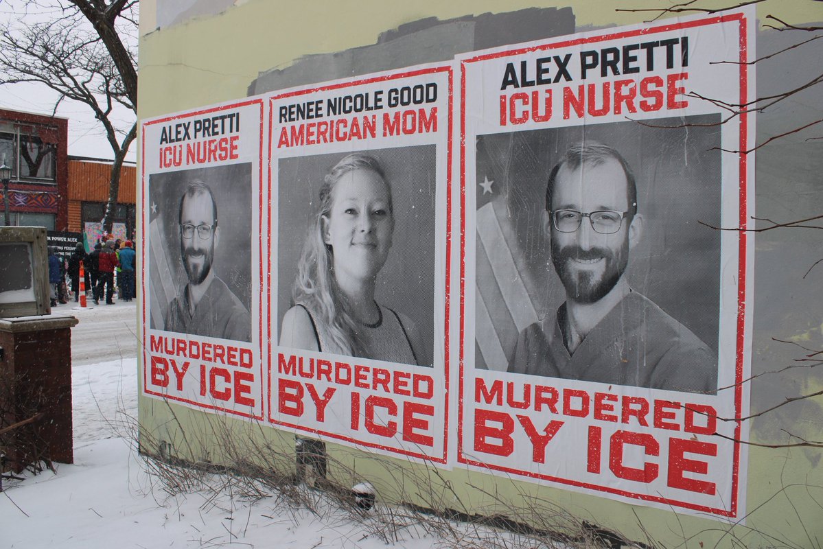 posters saying “ALEX PRETTI - ICU NURSE - MURDERED BY ICE” are appearing in minneapolis now like the one for renee good. seen here across from his memorial in whittier