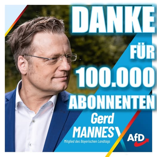 Danke für 100000 Abonnenten auf Facebook💙

100.000 Bürgerinnen und Bürger auf unserer Seite - und zusammen werden wir jeden Tag mehr!

Vielen Dank an alle Abonnenten. Die patriotische Wende ist in vollem Gange! 💙

Euer Gerd Mannes

➡️ Meine Facebook-Seite: