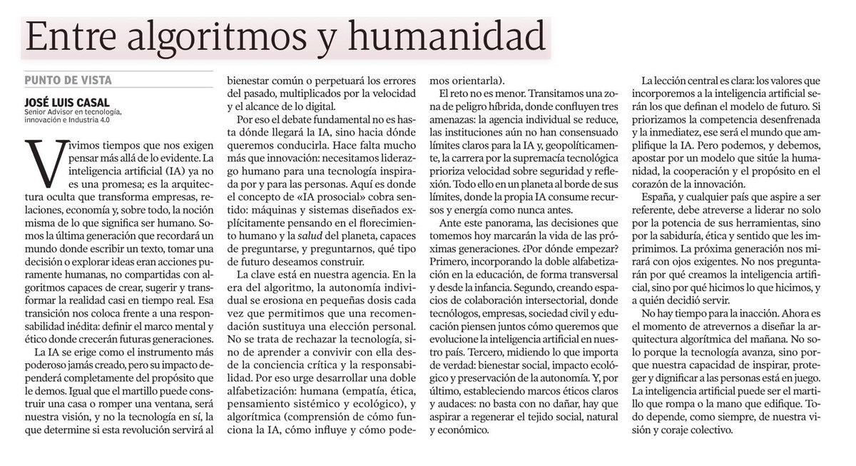 "No se trata de rechazar la tecnología, sino de aprender a convivir con ella desde la conciencia crítica y la responsabilidad.
Por ello urge desarrollar una doble alfabetización: humana (empatía, ética, pensamiento sistémico y ecológico), y algorítmica (comprensión de cómo