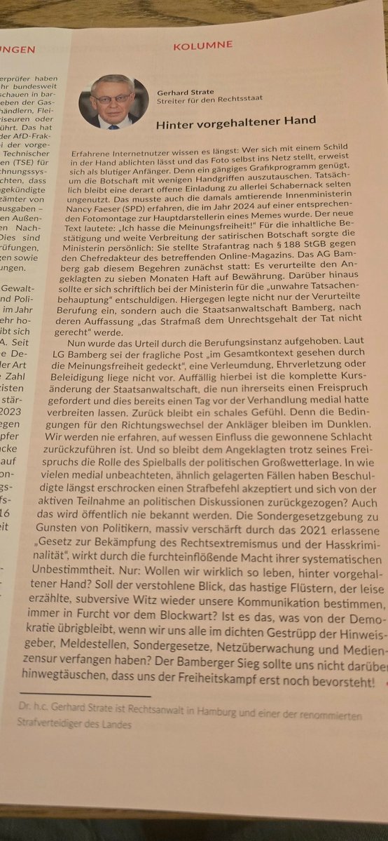 ".... dass uns der Freiheitskampf erst noch bevorsteht". Gerhard Strate, renommierter Strafverteidiger, hat in der aktuellen NJW (5/2025) einen wichtigen Text geschrieben. Bitte lesen ... und über die Gefahr aktivistischer Staatsanwälte nachdenken. 
👇