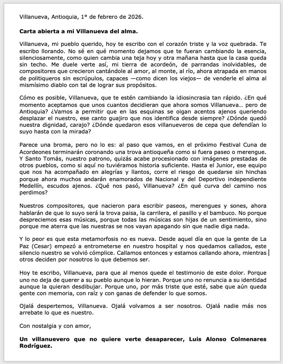 lcolmenaresr's tweet photo. #LaOpinionDeColmenares
CARTA ABIERTA A MI VILLANUEVA DEL ALMA…
#Villanueva #CunaDeAcordeones
#LaGuajira https://t.co/IoKsaqt0ZR