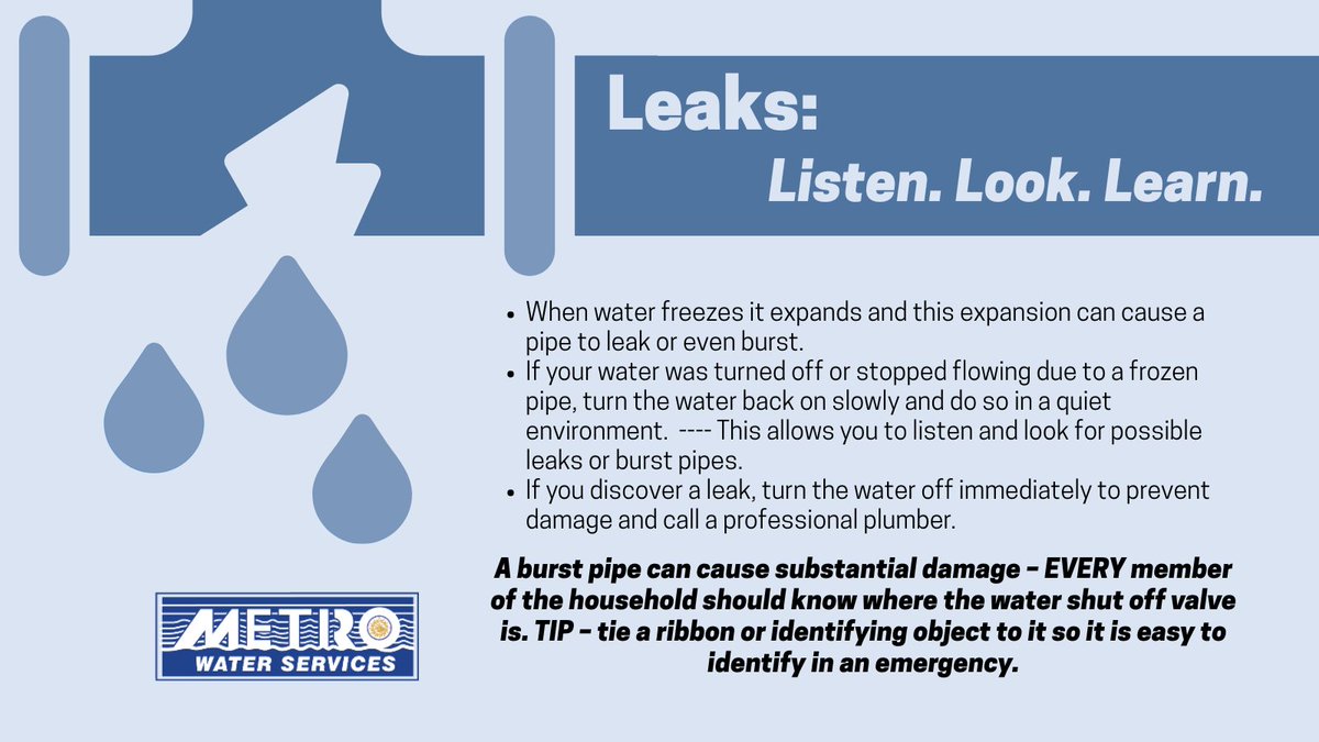 NashvilleMWS's tweet photo. When water freezes, it expands and this expansion can cause a pipe to leak or even burst. As residents return to their homes and/or inside temperatures begin to rise in homes and businesses with restored power,  it is important to look for leaks or burst pipes.

(1/3) https://t.co/7plhpD6FNC