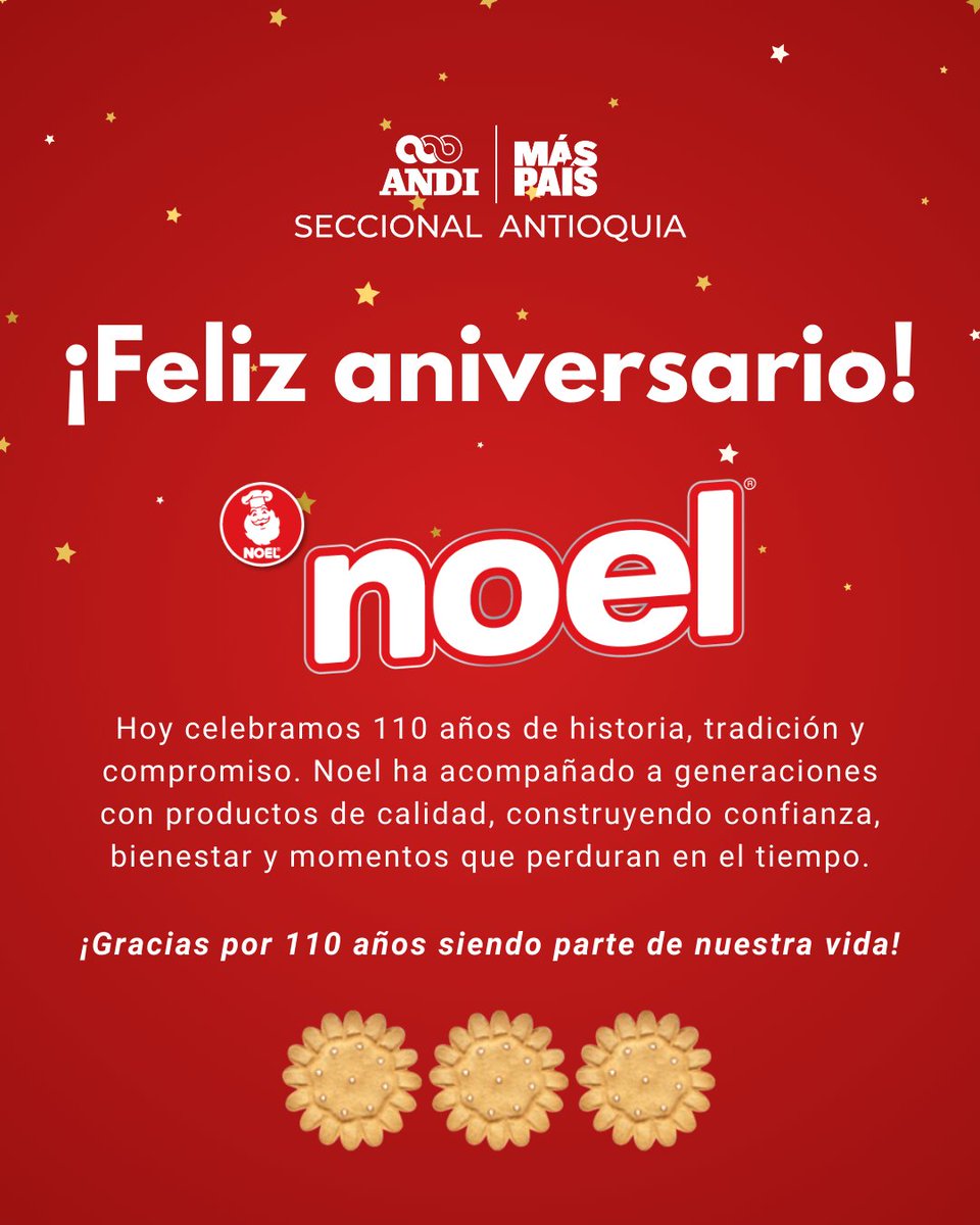 🎉Desde la ANDI Seccional Antioquia reconocemos y celebramos los 110 años de Noel, una empresa que ha acompañado generaciones con calidad, tradición e innovación.🍪✨

¡Gracias por aportar al desarrollo empresarial y al bienestar de Colombia! 🇨🇴✨
