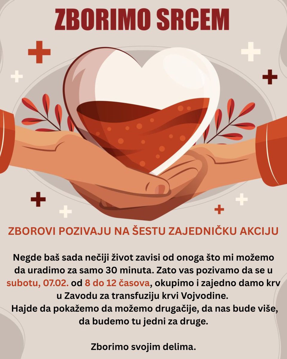 MZ_Novog_Sada's tweet photo. Drage komšije,

Pozivamo vas da se pridružite akciji dobrovoljnog davanja krvi „Zborimo srcem“, u organizaciji Zbora Adice.

Akcija se održava svake prve subote u mesecu, u Zavodu za trasnfuziju krvi.

Zajedno da pokažemo solidarnost, brigu i snagu.

Vidimo se. 
Zborimo srcem.❤️ https://t.co/USJ8niPsth