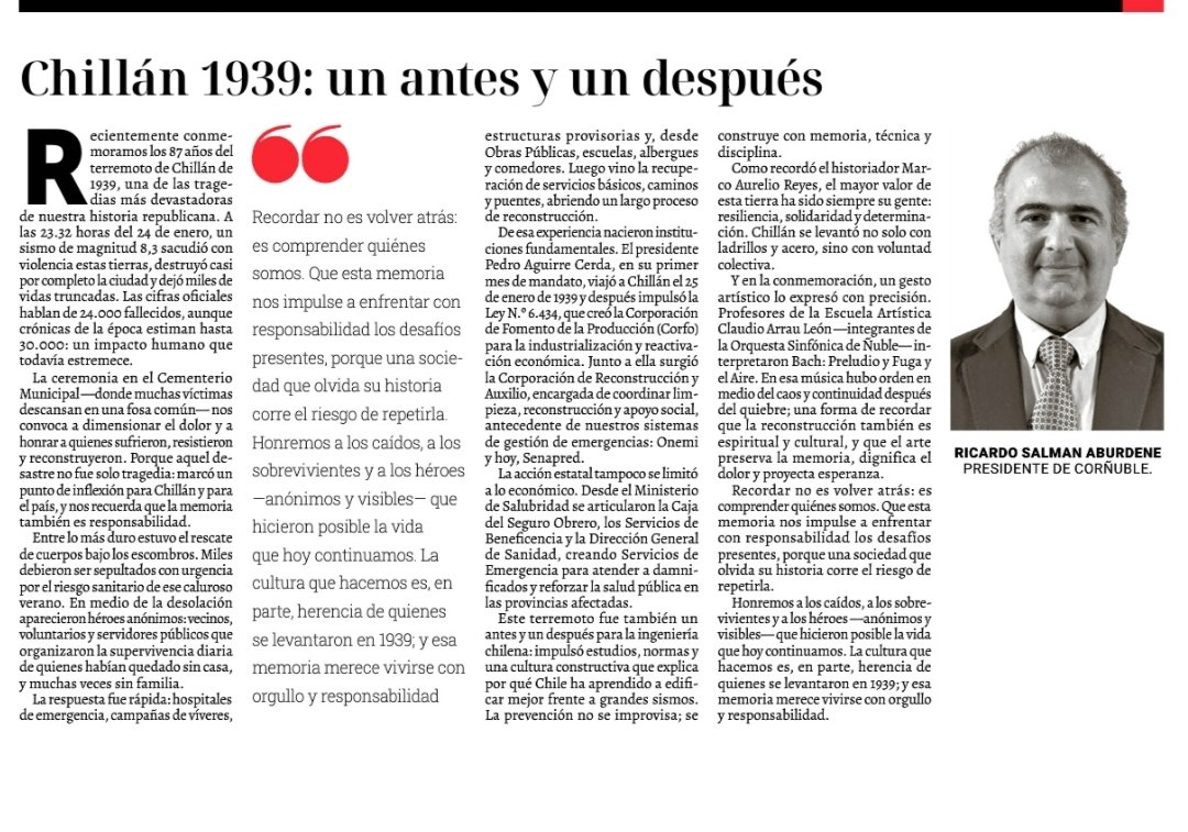La historia de Chillán enseña que la infraestructura, la planificación y la prevención no se improvisan: se construyen con decisión política, instituciones sólidas y coordinación.
#Chillán1939 #MemoriaHistórica #PolíticaPública #Ñuble