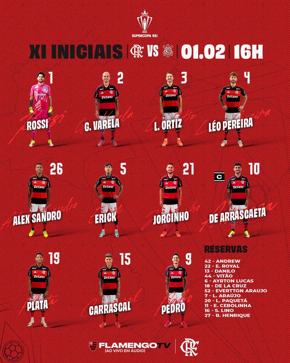 NOSSO TIME É A GENTE EM CAMPO! Confira a #escalação do Flamengo para enfrentar o Corinthians, pela Supercopa! 

#FLAxCOR