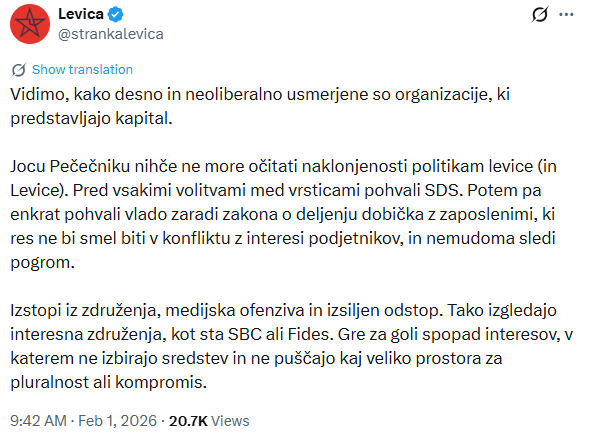 Vladna stranka ne loči ali pa namerno enači poslovno združenje podjetnikov in lastnikov podjetjih s sindikatom zdravnikov in zobozdravnikov, ki je prostovoljna in neodvisna organizacija delavcev, ustanovljena z namenom zastopanja, varovanja in uresničevanja ekonomskih, socialnih