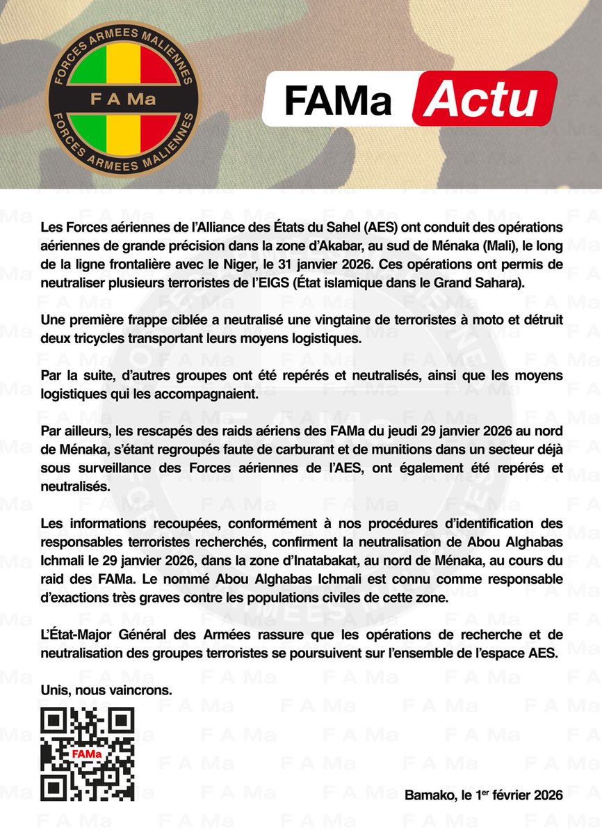 DirpaFa's tweet photo. #FAMa Actu
Les Forces aériennes de l'Alliance des Etats du Sahel (AES) ont conduit des opérations aériennes de grande précision dans la zone d'Akabar, au sud de Ménaka (Mali), le long de la ligne frontière avec le Niger, le 31 janvier 2026. https://t.co/oEUnEMx0aU
