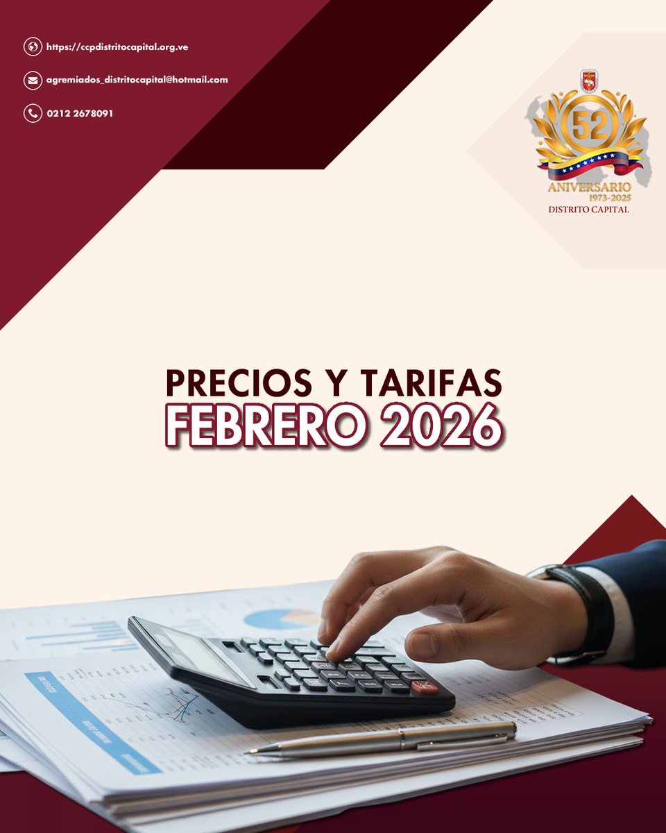 CCPDistrito's tweet photo. ✍️ Estimados Agremiados informamos las Tarifas y precios de nuestros servicios para FEBRERO 2026.

Nuestros correos y teléfonos  a su disposición:

1- cobranzaccpdc2@ccpdistritocapital.org.ve
Tefl. 0414-4662947

2- cobranzaccpdc3@ccpdistritocapital.org.ve
Telf. 0424-1643553 https://t.co/c65OTlg0AX