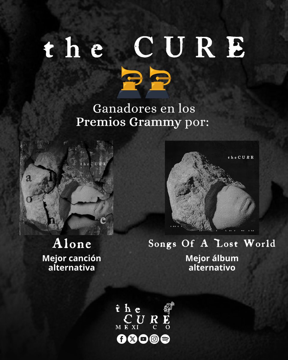 ¡THE CURE HA GANADO 2 PREMIOS GRAMMYS! ⭐️⭐️

🏆 ‘Alone’ - Mejor Canción Alternativa
🏆 ‘Songs Of A Lost World’ - Mejor Álbum Alternativo